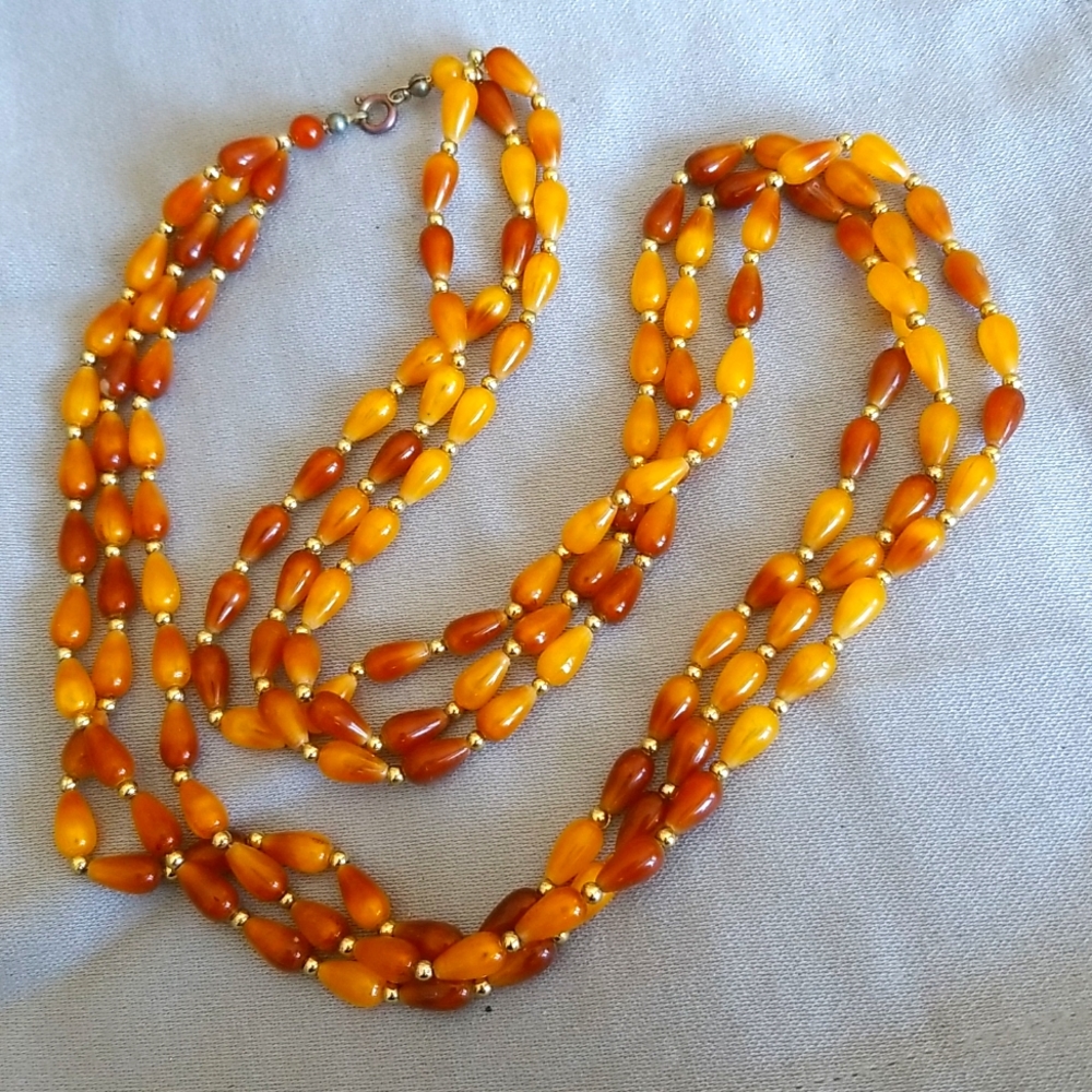 3 strand AMBER & Gold 26" long necklace
